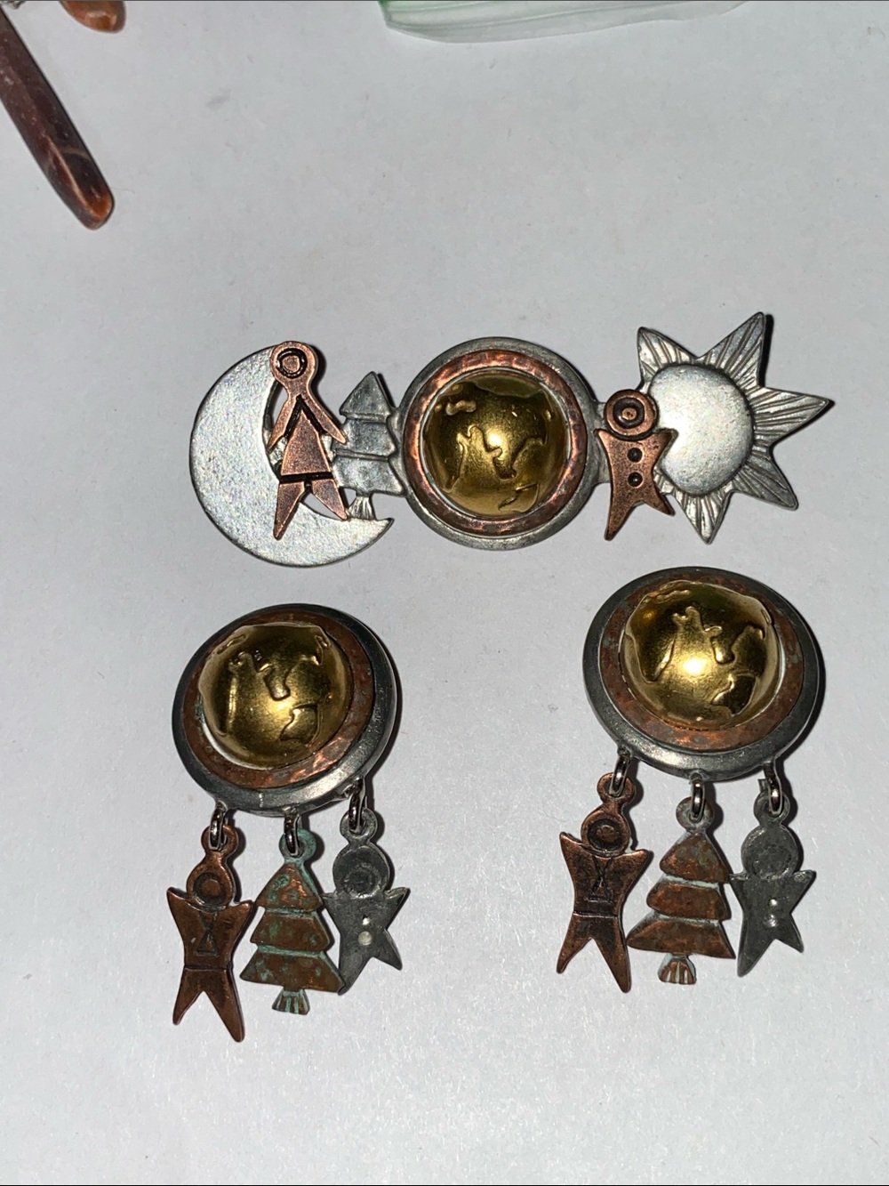 Vintage LCI World Sun Moon Earth Day Brooch Pin & clip on earrings